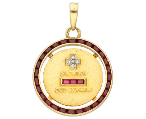 18K Yellow gold Alphonse Augis 'Plus qu'hier, Moins que demain' pendant. Set with four single cut diamonds and a synthetic ru