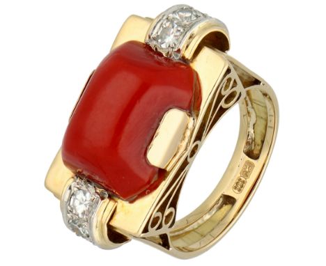 Gold/platinum Tank ring set with red coral and diamonds. Set with a cabochon cut red coral measuring approx. 15.57 x 9.70 x 6