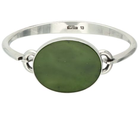 Sterling silver Niels Erik From bangle with nephrite. Set with an oval cut nephrite (2.5 x 2.9 cm). In good condition. Part o
