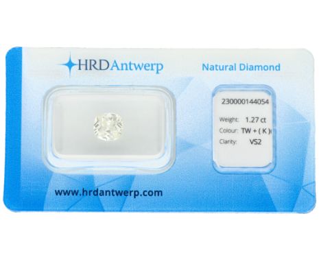 1.27 ct. HRD certified natural diamond. Shape: Old mine cut, Weight: 1.27 ct. Color: K, Clarity: VS2, Polish: Good, Symmetry: