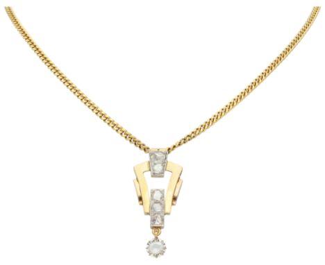 Gold/platinum pendant with rose diamond on gourmette necklace. Set with six rose cut diamonds, the largest of which is approx