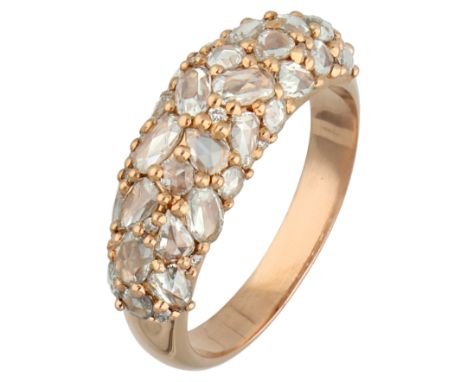 18K Rose gold demi-alliance ring with various modern rose cut diamonds. Set with 42 rose and brilliant cut diamonds, of which