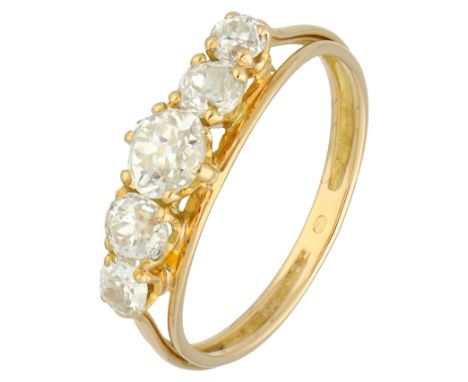 18K Yellow gold demi-alliance ring set with approx. 1.50 ct. diamonds. Set with five Old European cut diamonds totaling appro