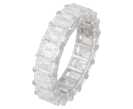 GIA certified 18K white gold alliance ring set with approx. 7.74 ct. diamonds. Set with 19 baguette cut diamonds of approx. 7
