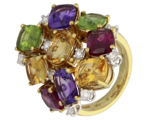 18K Yellow gold cocktail ring with broad spectrum gemstones . Stones are set semi-circular, with the end stones in a flexible