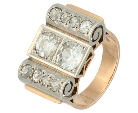 Gold/platinum Tank ring set with approx. 1.80 ct. diamond. Set with various old cut diamonds totaling approx. 1.80 ct. (P / H