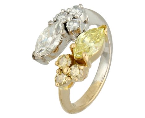 Certified French 18K bicolour gold Toi & Moi ring set with Fancy Intense Yellow diamond. Set with two marquise cut and six br