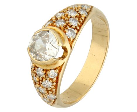 18K French yellow gold ring set with approx. 0.87 ct. diamonds. Set with one Old European approx. 0.67ct. and 18 brilliant cu