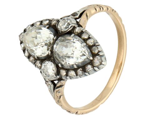 Gold/silver marquise ring with old cut diamond. Set with two pear Old European cut diamonds of 0.77 and 0.79 ct (approx. 7.23