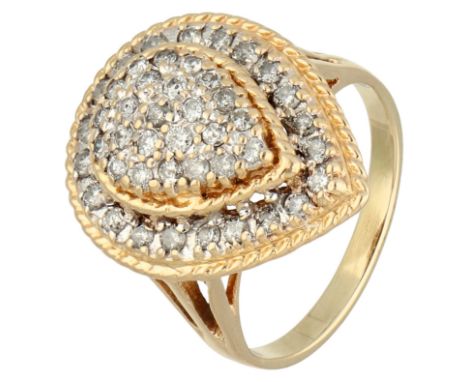 14K Yellow gold teardrop design ring set with approx. 0.45 ct. diamond. Set with 45 brilliant cut diamonds of approx. 0.45 ct