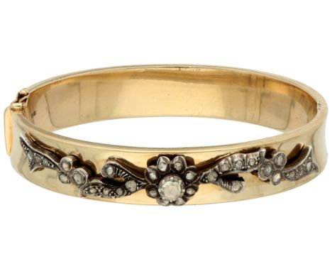 Gold/silver bangle bracelet with silver applique and rose cut diamonds. Silver applique set with 30 rose cut diamonds, the la