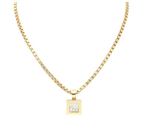 Chopard 18K yellow gold Happy Diamonds square pendant on necklace. On a heavy Venetian necklace a pendant set with three bril