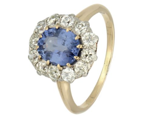 IGI- Certified 14K yellow gold entourage ring set with approx. 1.80 ct. sapphire and 1.00 ct. old cut diamonds. Set with an o