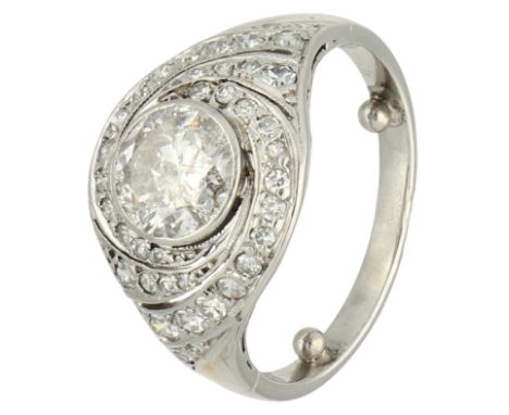 IGI-Certified platinum tourbillion ring set with approx. 1.25 ct. diamond. So-called whirlwind design set with a brilliant-cu