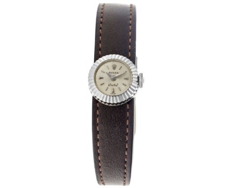 Rolex Orchid Chameleon 9303 - Ladies watch - approx. 1950. Case: white gold (18K.) - bracelet: leather - manual winding - box