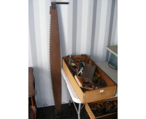 A vintage Lumber Jack saw, together with a tray of power tools 