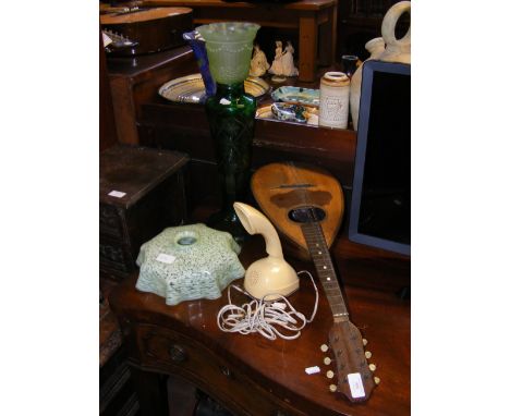 A vintage mandolin, together with an Ericsson phone and coloured glass