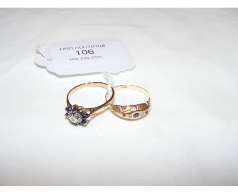 A gold dress ring with sapphire and diamond mount, together with one other 