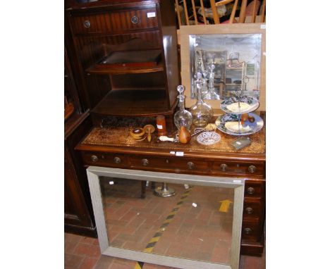 Two wood effect mirrors, a bedside table and ceramic, glass and treen, etc. 