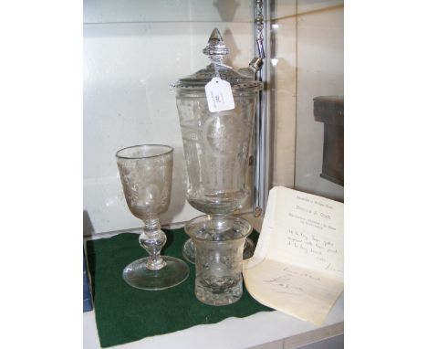 An antique bohemian sweet meat jar and cover, together with an antique goblet and tumbler (see paperwork) CONDITION REPORT 1 