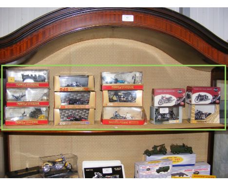 Assorted model motorbikes, including Bugatti and Matchbox Models of Yesteryear - on one shelf 
