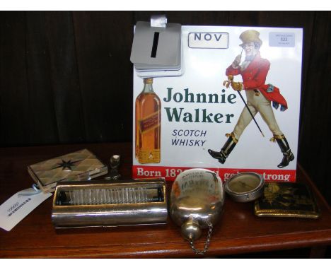 A vintage Johnnie Walker Scotch Whisky calendar, together with assorted collectables, including mother-of-pearl card case 