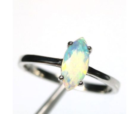 A 925 silver ring set with a marquise cut opal, (N).