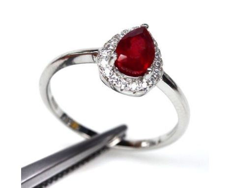 A 925 silver ring set with a pear cut ruby and white stones, (N).
