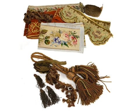 19th Century and Later Pelmets &amp; Trims, comprising a woolwork rectangular panel decorated with roses and flowerheads, 170