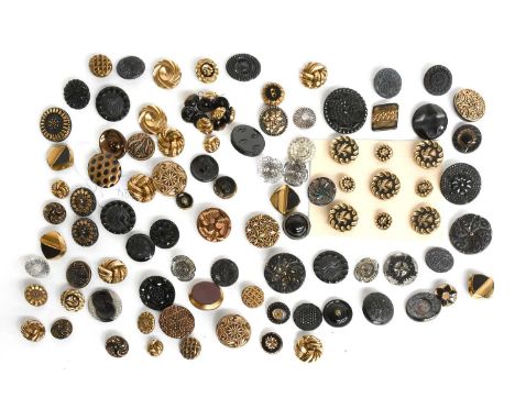Late 19th and Early 20th Century Glass Buttons, mainly in black with impressed designs highlighted or coloured in copper or g