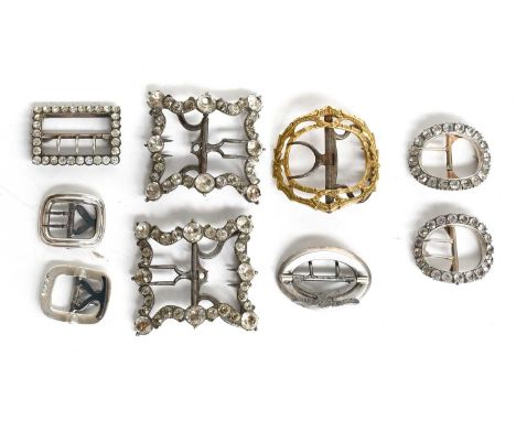Georgian and Later Decorative Buckles, comprising a pair of paste set shaped buckles with steel tongue, 5cm by 4.5cm,a gilt m
