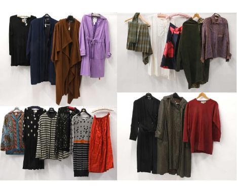 Circa 1940s and Later Ladies Clothing comprising a black wool coat with long sleeves, stylish asymmetric button fastening, ma
