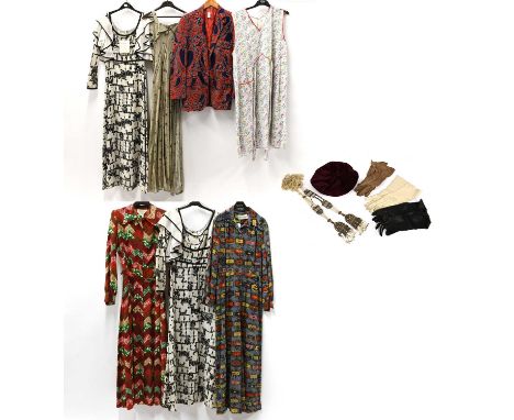 Assorted Circa 1940s and Later Ladies and Gents Costume, comprising a silk taffeta sleeveless evening dress woven with floral