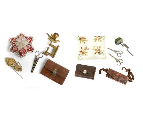 19th Century Sewing Accessories, comprising a gilt metal hemming bird sewing clamp, with pin cushion mount,gilt metal chatela