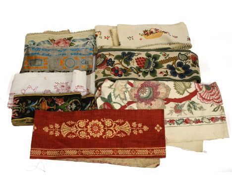 19th Century and Later Decorative Cotton Panels and Trims, comprising a red embroidered scalloped edge trim, depicting teacup