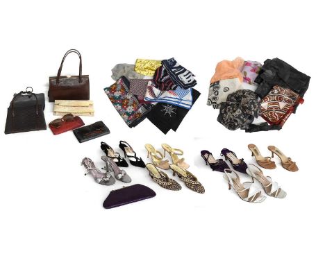 Modern Ladies Costume Accessories, comprising Manolo Blahnik pink silk evening heels (size 38), two other pairs in black sued
