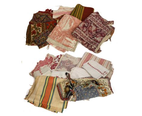 19th Century and Later French Textiles comprising four similar cream linen hand towels embroidered in red and initialled 'FE'