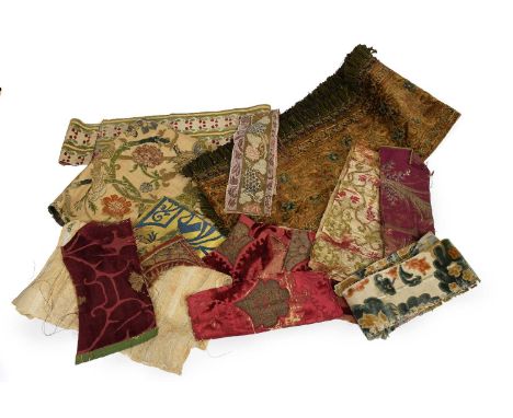 Assorted 18th Century and Later Textile Remnants, comprising cut lengths of silk and brocade, some incorporating metallic thr
