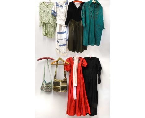 Circa 1970s and Later Ladies Costume and Accessories comprising a Zandra Rhodes II green striped corduroy dress with printed 