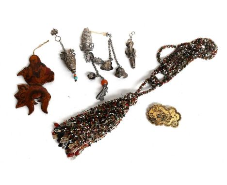 19th Century and Later Ladies Costume Accessories, comprising a Chinese part chatelaine with decorative embossed white metal 