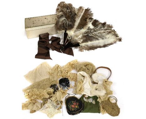 19th Century and Later Lace and Costume Accessories, comprising an ostrich brown and cream feathered fan on faux tortoiseshel
