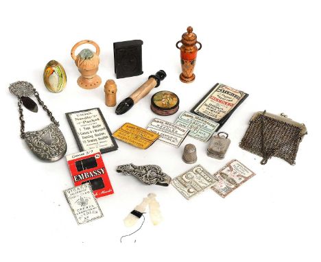 Assorted 19th Century and Later Sewing Accessories, comprising a vegetable ivory basket shaped pin cushion, novelty hoof and 