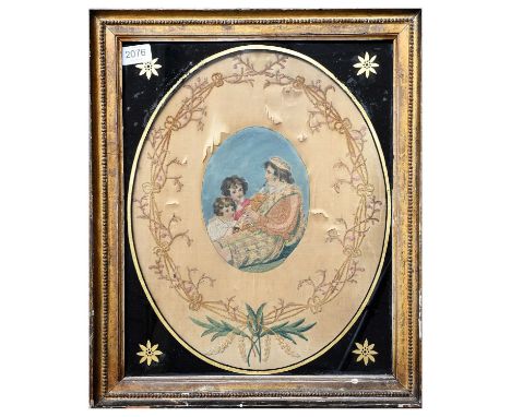 Georgian Silk Oval Embroidered Picture, depicting a gent wearing a cap, in a checked kilt with matching shoulder sash playing