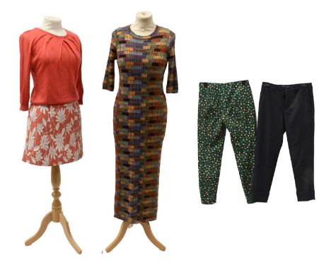 Modern Ladies Costume comprising a Chanel long ribbed jumper dress in autumnal colours in geometric design, half length sleev