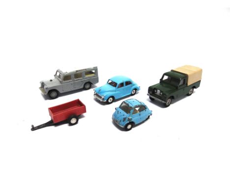 FIVE SPOT-ON DIECAST MODEL VEHICLES  including a No.289, Morris Minor 1000, and two Land Rovers, variable condition, all unbo