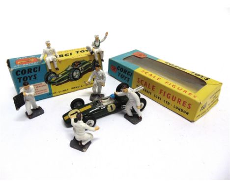 A CORGI NO.155, LOTUS-CLIMAX FORMULA 1 RACING CAR  dark green with a yellow nose stripe, racing number '1', very near mint, b