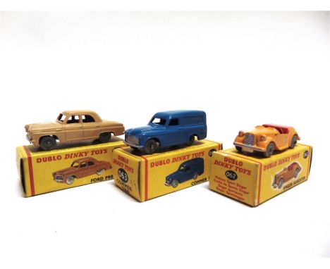 THREE DUBLO DINKY MODEL VEHICLES  comprising a No.061, Ford Prefect, tan, smooth grey plastic wheels, mint, boxed, the box ve