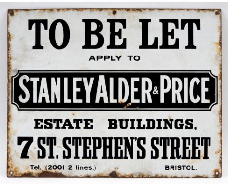 A STANLEY ALDER & PRICE OF BRISTOL ESTATE AGENCY ENAMEL WALL OR POST SIGN  with predominantly black lettering against a white