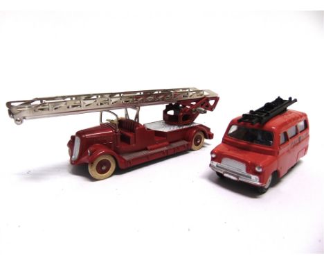 TWO DIECAST FIRE SERVICE MODEL VEHICLES  comprising a French Dinky No.32D, Delahaye Fire Escape, red and silver, near mint; a