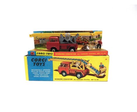 A CORGI NO.64, WORKING CONVEYOR ON FORWARD CONTROL JEEP F.C.-150 red with yellow booms, complete with figure and six sacks, n